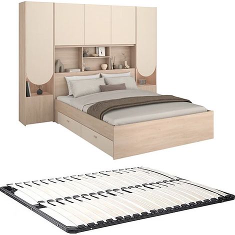 Letto a ponte 140 x 190 cm con vani portaoggetti - Con LED - Beige e naturale + Rete - DOMELITO (1/5)