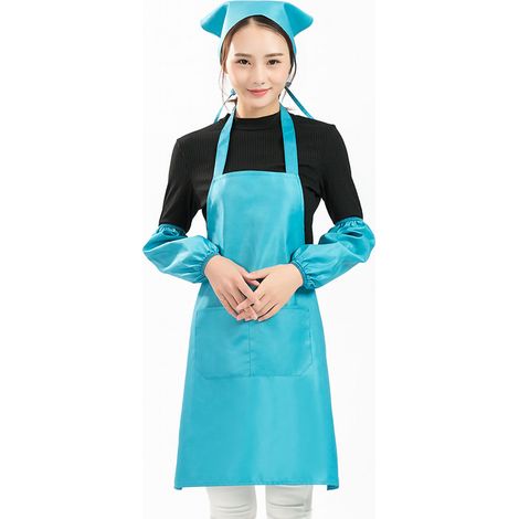Tablier de cuisine unie avec doubles poches, bretelles croisées, polyester doux, tablier de chef pour maison, bleu ciel (1/5)