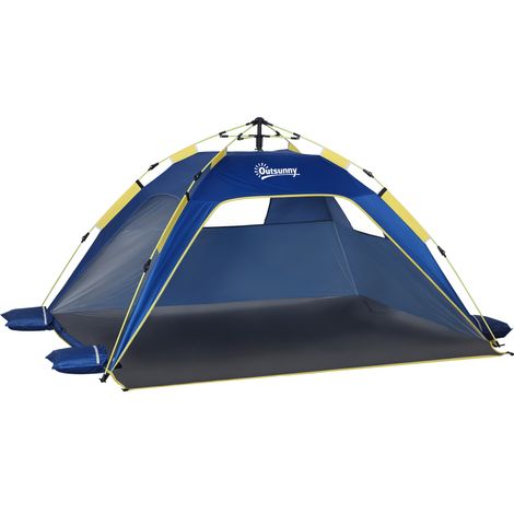 Tente de plage escamotable pour deux personnes avec fenêtres, 220 x 173 x 120 cm, fibre de verre et polyester, bleu jaune