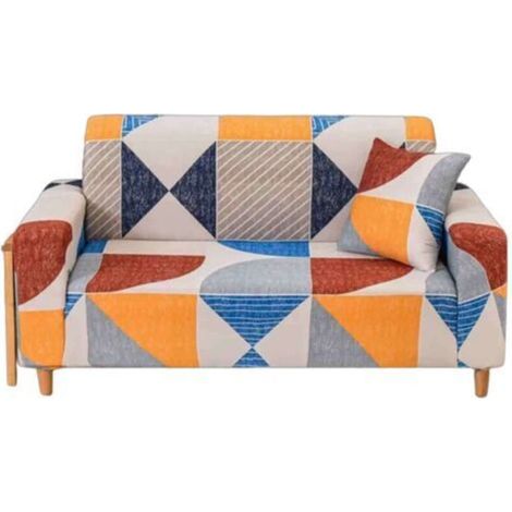 Doppelt dehnbarer Sofabezug mit Armlehnen – modernes geometrisches Muster, gelb-blaue Farbgebung, schützt das Sofa effektiv, ist leicht zu reinigen und verleiht dem Wohnzimmer Stil. – Crezuo
