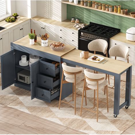 Isola cucina su ruote, estensibile, contenitori, 186,8x45x93 cm, grigio, MDF, FloraGrace (1/5)
