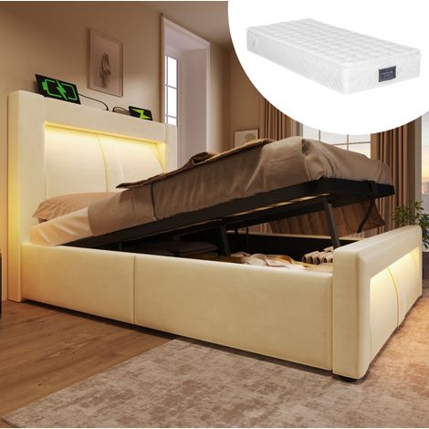 Bett 90x200 cm aus Samt in Beige, mit Stauraum, LED, USB-C und gebogenem Kopfteil, mit Matratze (1/5)