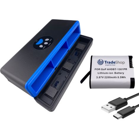 Trade-Shop 2in1 Set: Akku (abgerundete Form) 2200mAh + USB-C LCD Triple Ladegerät / Ladebox für GoPro HERO13 Black, AHDBT-1301, AHDBT-1301PR, CPSS1B (1/5)