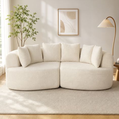 Canapé 3 Places Incurvé en Chenille 188 cm, Canapé Salon avec Assise Profonde, 6 Coussins, Rembourrage Épais, Crème (1/5)
