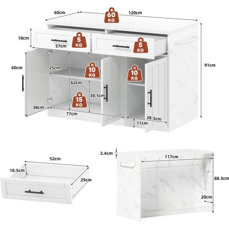 Îlot de cuisine 120x60x91cm avec prises électriques et ports USB, câble d'alimentation 1,5m, étagères réglables, poignées en métal, porte-serviettes, coin bar, idéal pour appartements et cuisines (1/5)