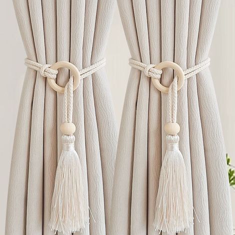 Attache de rideau à pompon blanc crème avec anneau en bois Cordon de rideau tressé réglable pour décoration intérieure Boucle de maintien de rideau style chic pour la maison (1/5)