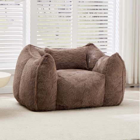 Fauteuil pouf géant avec coussin en fausse fourrure, marron, 123 x 97 x 73 cm, OKWISH (1/5)