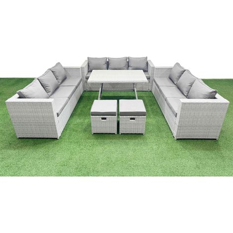 Fimous 11 Seat Outdoor Patio PE Rattan Garden Furniture with Cushions 3 Seater Sofa 2 Small Stools Light Grey (1/4)