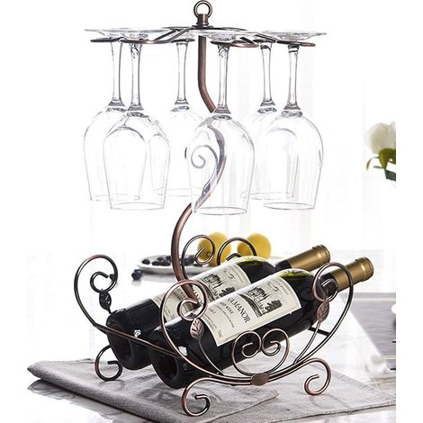 Porte-verres à vin de bureau à 6 crochets - permettant de ranger 2 bouteilles de vin à l'envers. Comprend un porte-verres - un présentoir et un égouttoir (1/5)