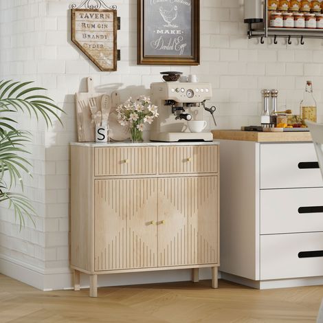 Buffet meuble rangement cannelé plateau marbre 2 tiroirs 2 portes étagère 77x30x80 cm chêne. Buffet avec plateau marbre pour une touche d'élégance, chic et raffiné. (1/5)