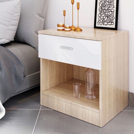 ELEGANT Modern High Gloss Bedside Cabinet Night Stand Storage Shelf with Bin Drawer, White/Oak, for Bedroom or Home Storage Organizer