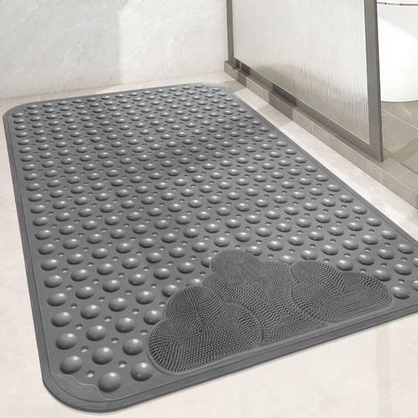 Tapis de Douche antidérapant 80 x 120 cm Extra Long Tapis de Douche Confortable avec ventouses Tapis de Douche antidérapant en TPE Lavable en Machine Gris 80 x 120cm (1/5)