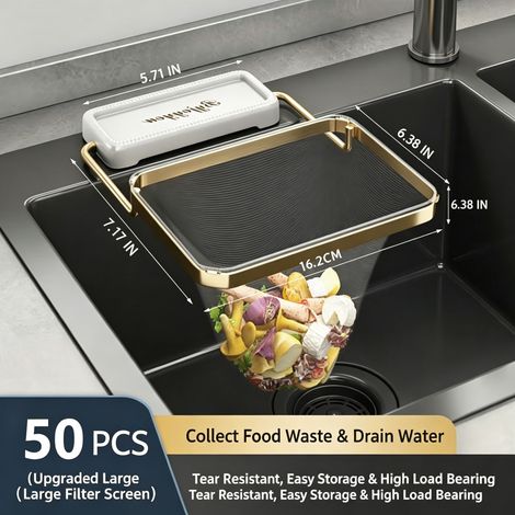 Étagère de Passoire pour Évier de Cuisine, Support Filtre à Déchets Alimentaires en Maille Pliable, Panier d'Évier en Acier Inoxydable avec 50 Filtres (1/4)