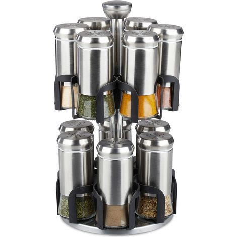 Relaxdays spice rack, 12 glass jars, stainless steel, rotating, dishwasher-proof, seasoning organiser, silver/black