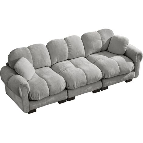 Sofá de 3 plazas en chenilla gris claro con 2 cojines decorativos (1/5)