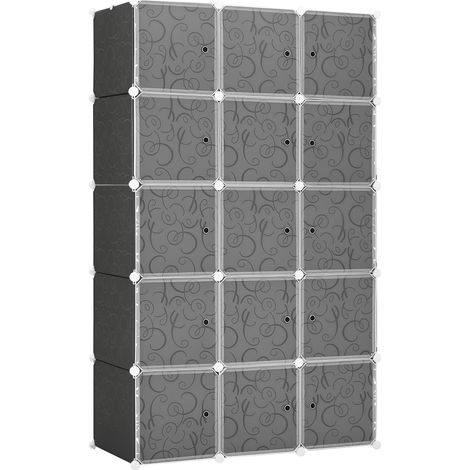 Armoire en cube, 2 grands et 9 petits cubes, 111 x 47 x 183 cm, plastique, noir, blanc, métal