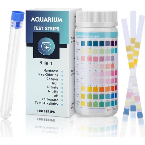 Bandelettes de Test pour Aquarium 9 en 1, 100 pièces, kit de Test pour Jacuzzi, Piscine, Bassin, Permettant de Tester le pH, Dureté, le Chlore Libre, Cuivre, Fer, Nitrates, Nitrites, Carbonates L'alca (1/5)