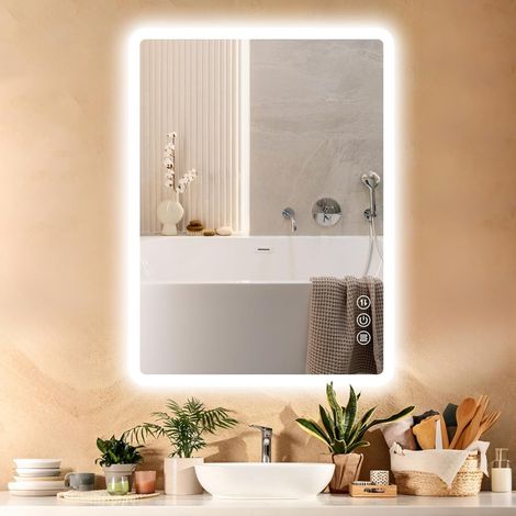 Badspiegel mit Beleuchtung 80x60cm – LED Badezimmerspiegel mit Anti-Beschlag, Touch-Schalter, Dimmbar, 3 Lichtfarben, IP44 Badezimmer Spiegel, für Wandmontage horizontal oder vertikal