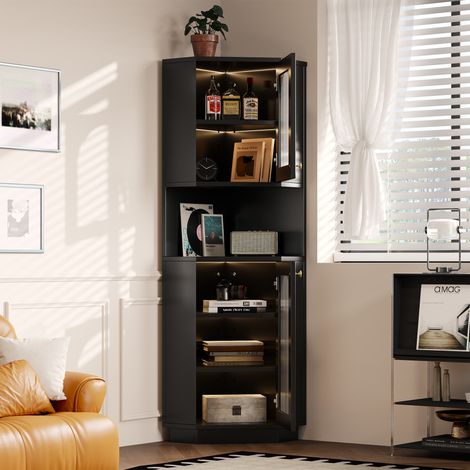 Armoire de salle de bain d’angle noire 45x45x166,5 cm. Bande LED,compartiments et étagères réglables.