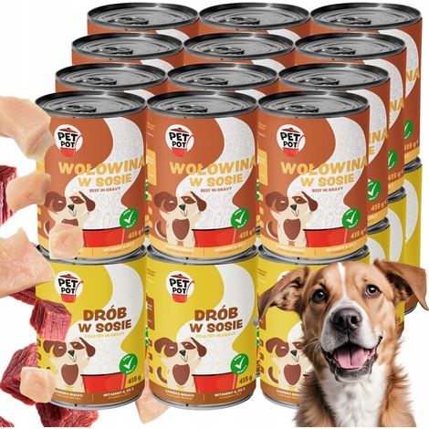 Cibo umido PetPot per cani adulti, mix di gusti in salsa, lattina da 24x415g