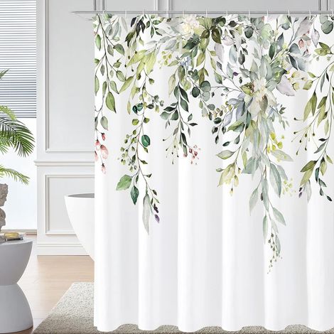 Rideau de douche à motif de feuilles d'eucalyptus vertes, imperméable et résistant à la moisissure, en polyester lavable, avec 12 crochets, 180 x 180 cm. (1/3)
