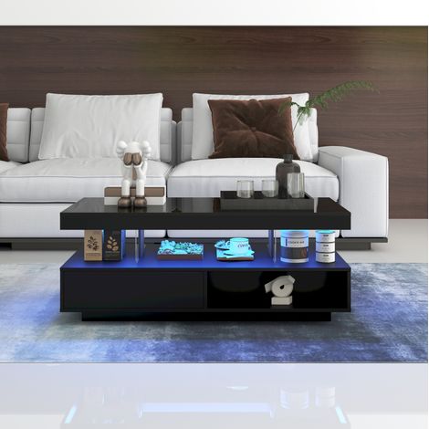 Table basse 95x50x42,5 cm noire en panneau de particules avec 4 inserts en verre, 2 tiroirs et 2 niches (1/5)