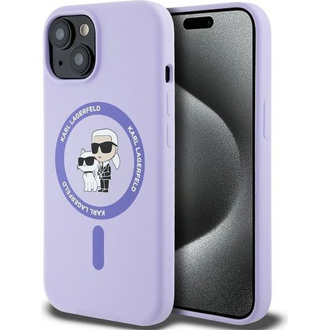 Funda rígida Karl Lagerfeld KLHMP15SSCMKCRHU para iPhone 15 de 6,1 pulgadas, color morado/morado, de silicona, con anillo y cabezales Karl&Choupette y MagSafe. (1/5)