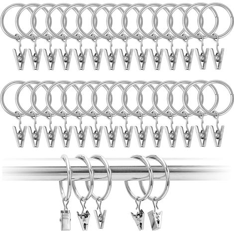 Lot de 50 anneaux de rideau avec clips - Diamètre intérieur : 25 mm - En métal - Pour rideaux et cordes à linge (1/5)