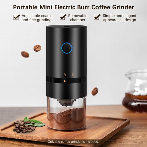 Mini moulin à café électrique portable avec meules, mouture réglable (grossière et fine), chambre amovible pour la maison, les voyages, le bureau et le magasin. (1/5)