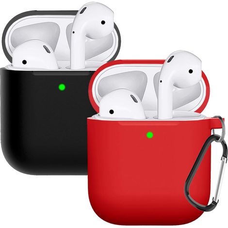 Juego de 2 fundas para AirPods, carcasa de silicona, compatibles con carga inalámbrica y por cable, LED visible, con mosquetón. (1/5)