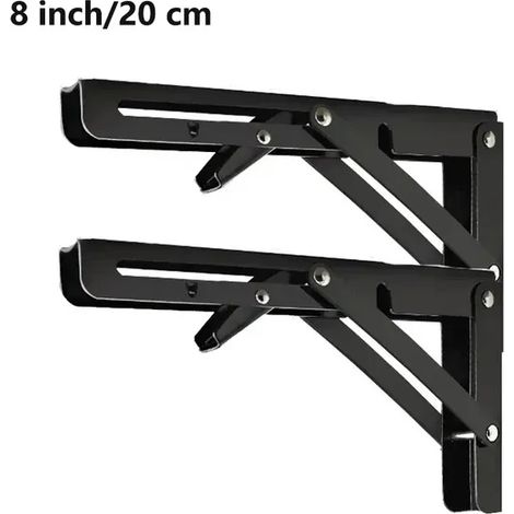 (Noir 20 cm) 2 supports d'angle triangulaires pliables, robustes et réglables, pour fixation murale, banc, table ou étagère. (1/5)