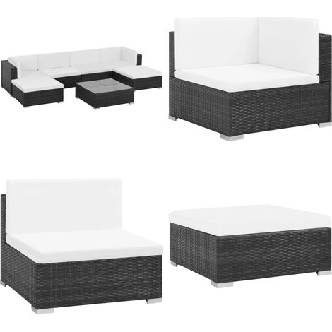 Set Divani da Giardino 7 pz con Cuscini in Polyrattan Nero - Divano angolare - Divano centrale