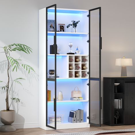 Vitrina LED de cristal con almacenaje, mueble de pared para entrada de salón, 80×35×200 cm, 2 puertas, color blanco (1/5)