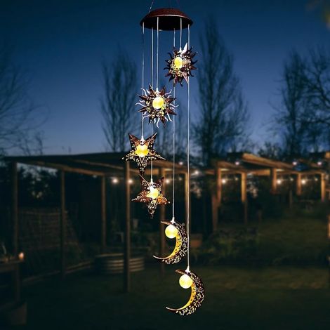 Windspiel für den Außenbereich, Solar-Windspiel, Solar-Gartenleuchte mit Sonne, Mond und Sternen, Hängende Solarleuchte zur Dekoration von Balkon und Terrasse (1/5)