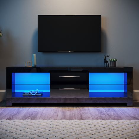ELEGANT TV Stand High Gloss Entire Front TV Cabinet 1600mm with Ambient Lights for 32 40 43 50 52 55 60 65 inch 4k TV Living Room and Bedroom Furniture Black