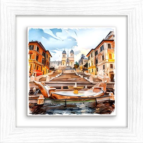 Lupia - Quadro moderno con paesaggi e localismi italiani, Ceramica e Stampa Rilievo, Cornice Legno Shabby Modern bianca, Decorazione Parete, Quadretti Soggiorno, 29x29 cm, ROMA PIAZZA DI SPAGNA (1/4)