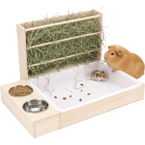 Comedero de heno para conejos, comedero de heno para conejos con bandeja sanitaria, cuenco de comida de madera para cobayas y hábitat para animales pequeños (conejos, codornices, hámsteres)