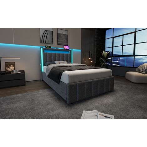 MEUBLIV Jugendbett 90x200 cm grau mit LED und 2 Schubladen, ohne Matratze