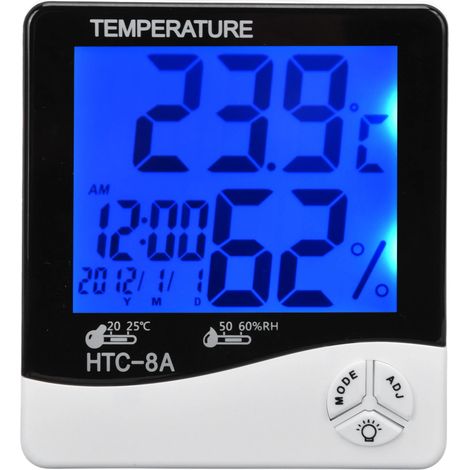 Thermomètre d'ambiance avec éclairage LED, rétroéclairage, fonction alarme, enregistrement automatique sur 24 heures et capteur d'humidité. (1/5)