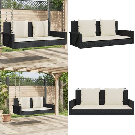 Balancelle avec coussins noir 119x56x48 cm résine tressée - Balancelle De Jardin - Banc De Jardin - Chaise Suspendue - Fauteuil Suspendu - Mobilier Extérieur - Home & Living