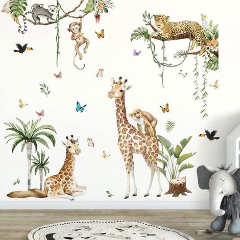 Stickers muraux animaux safari pour enfants – Girafe et léopard – Décoration jungle imperméable – Pour chambre d'enfant, crèche et école maternelle (1/5)