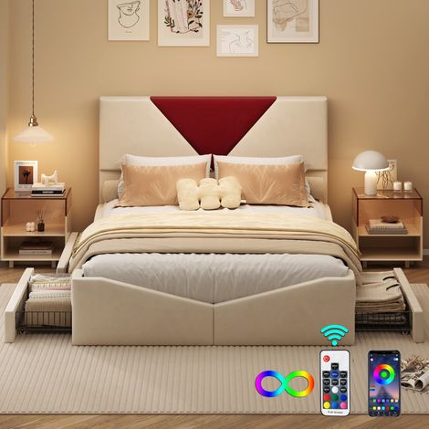 Lit double 160x200 cm avec rangement, tête de lit triangle bicolore bordeaux, LED ajustable, 4 tiroirs, tissu velours, design moderne et épuré, lit 160x200 avec sommier - Beige