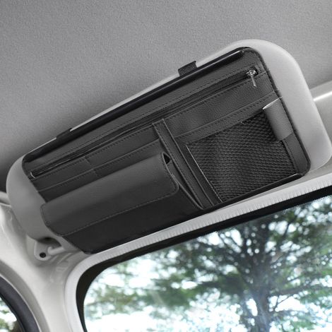 Organizador para parasol de coche, tarjetero de cuero, organizador para bolígrafo, gafas y documentos, compatible con la mayoría de coches, SUV y camiones (negro). (1/5)