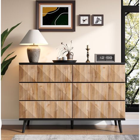 MEUBLIV Aparador 120 x 40 x 85 cm negro y madera natural – 6 cajones con relieve geométrico (1/5)