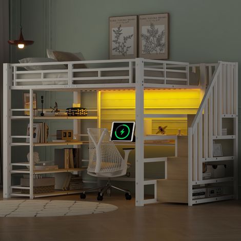 Lit mezzanine métal 140x200 blanc avec bureau, escalier, LED et station USB, lit ado moderne multifonction