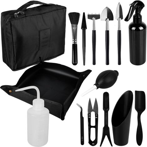 Kit Outils Jardin 13 Pièces - Métal et Plastique - Avec Tapis Pliable et Sac - Pour Bonsai et Rempotage - Noir (1/5)