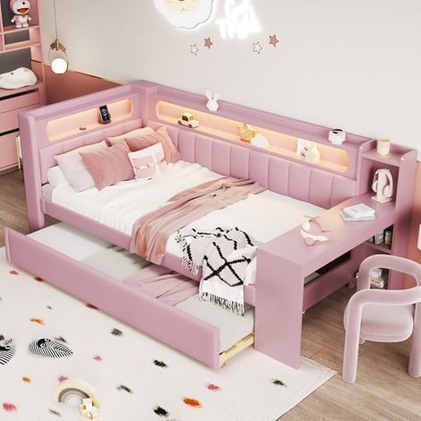Lit gigogne 90x200cm+90x190cm - Lit de jour avec sommier, ports USB et ceinture LED, bureau - rose (1/5)