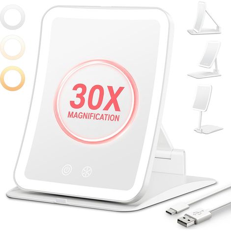 Miroir Grossissant Lumineux 30X Rechargeable, Pliable et Portable Batterie 2000 mAh, 3 modes d'éclairage, luminosité réglable, miroir maquillage de voyage pour retouches et soins du visage (1/4)