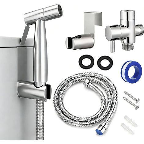 Kit de douchette à main pour bidet-toilette – Acier inoxydable robuste Kit de douchette WC avec support adaptateur en T et tuyau à ressort pour toilettes, animaux domestiques et nettoyage (Acier G1/2) (1/5)
