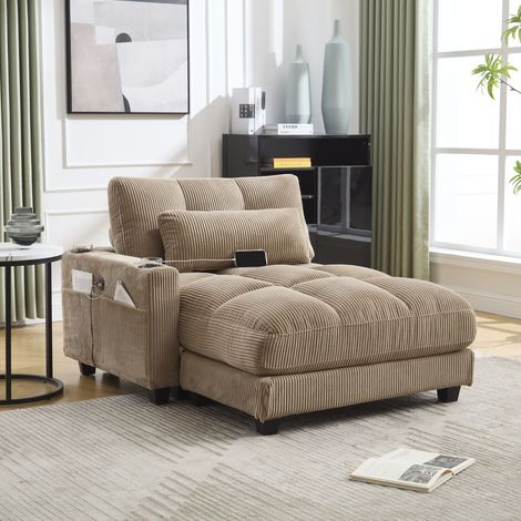 Fauteuil palme rembourrage duveteux,rampes avec coussins roulants,rabats tête,3 porte-gobelets et poche latérale,pour salon et chambre,kaki (1/5)
